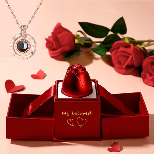 Cadeaux de Saint-Valentin Tendance : Boîte à Bijoux en Métal avec Rose et Collier