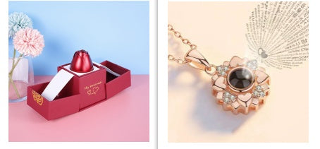 Cadeaux de Saint-Valentin Tendance : Boîte à Bijoux en Métal avec Rose et Collier