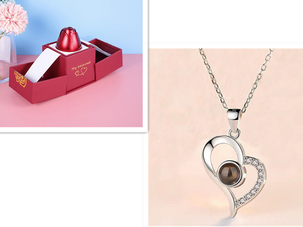 Cadeaux de Saint-Valentin Tendance : Boîte à Bijoux en Métal avec Rose et Collier